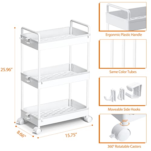 Ronlap 3 Tier Slim Rolling Storage Cart with Wheels Utility Organizer,White - color: White