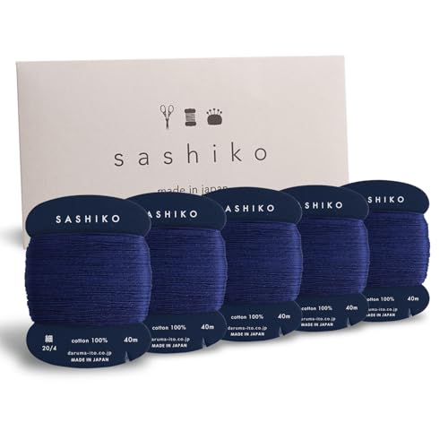 DARUMA Sashiko Thread 100% Cotton Card Type (43.7 yd) x 5pcs with English Manual, Sewing & Embroidery Value Set with Gift Package(Navy Blue) - color: Navy Blue
