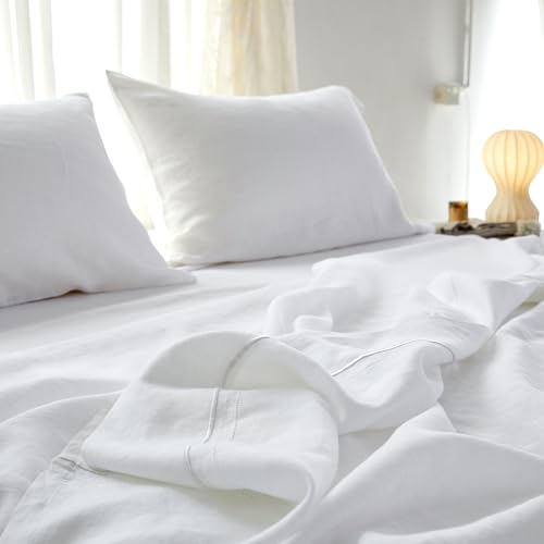 Simple&Opulence 100% French Linen Sheet Set Breathable Durable for Hot Sleepers Bedding 4 Pcs - 1 Flat Sheet,1 Fitted Sheet,2 Pillowcases with Hemstitch Lace Embroidery Design (White, King) - color: Hemstitch White, size: King