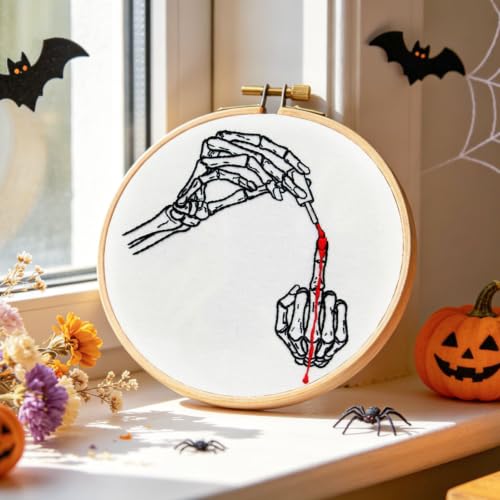 Gothic Embroidery Starter Kits for Adults Beginners, Halloween Embroidery Kits, Hand Bone Cross Stitch Kits Needlepoint Kits for Beginners Adults Woman Halloween Gifts, Embroidery Hoop, Video Tutorial - color: H2095
