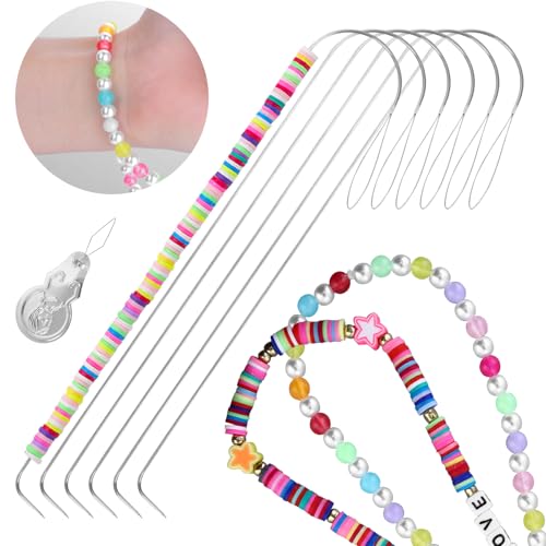 7 Pcs Bead Needle Stainless Steel, Easy-Grip Curved Needles for String Beads, Big Eye Beading Needle for DIY and Family Activities, Beading Needles Match with Bead Spinner