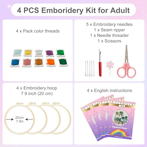 Huacan Embroidery Kit for Adults Beginners with 4 Hoops & Gift Box - color: Potted Plants 2