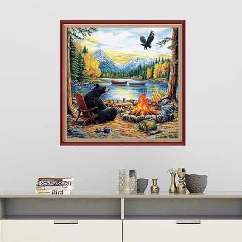 Dooxvey Cross Stitch Kits for Adults Beginners,Full Range of Cross-Stitch Stamped Kits Needlepoint Kits for Beginners Embroidery Kits 11CT Cross Stitch Patterns-Lakeside Bear Scenery 18x18 inch - color: Magicolor18