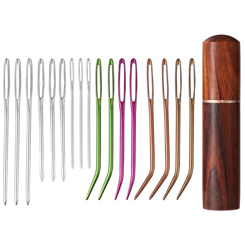 17pcs Large Eye Sewing Needles Kit, Stainless Steel Large-Eye Blunt & Bent Tapestry Darning Needle Sharp Tapestry Hand Yarn Knitting Embroidery Needles Supplies with Wooden Case for Crochet Projects