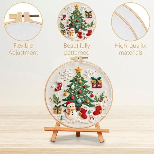 LB Red Christmas Embroidery Kit for Beginners Adults, 3 Sets Hand Embroidery Starter Kit with Santa Pattern and Instructions Stamped Cross Stitch Kits Include Embroidery Hoop Needles Threads Scissors - color: Green Gold
