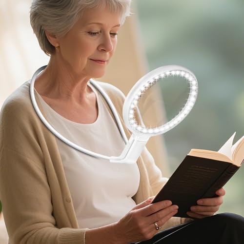 Neck Magnifier Hands Free with Light, 10X 5.2 Large Magnifying Glass - color: White