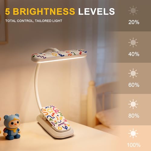Rechargeable Kids Book Light 25 LEDs - Reading Light for Kids, Eye Caring 3 Colors & 5 Brightness Levels, Extended 1200mAh Battery, Gifts for Kids & Book Lovers (White Doodle) - color: White Doodle