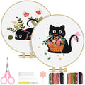 TINDTOP 2 Pack Embroidery Kit for Adult Beginners, Embroidery DIY Starter Kit, with Black Cat and Flowers Stamped Patterns, Hoop, Tools, Colorful Threads with Needles, Instructions - color: Black Cat