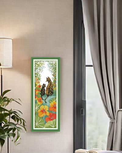 CaptainCrafts Cross Stitch Kits for Adults Counted Cats Pattern Art Decor - color: Flowers Cats Back, style: White