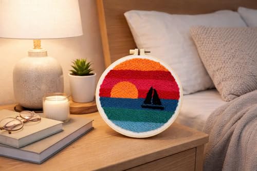 CELCRAFTIQUE Punch Needle Kits for Adults Beginner, Tool with Punch Needle Fabric, Hoops, Yarns and Sewing Needles (Style 3) - color: Sail At Sunset