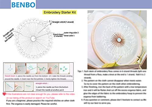 BENBO Embroidery Kits for Beginners with Pattern, Dandelion Hand Embroidery Cross Stitch Needlepoint Crafts with Color Pattern Cloth, 15cm Bamboo Embroidery Hoop, Color Threads and Tools Kit
