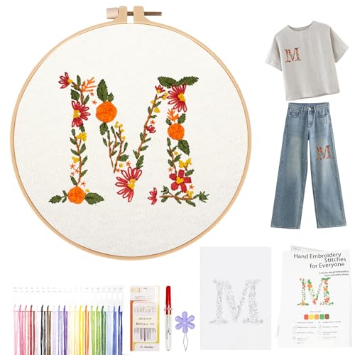 Topapfo Letter M Stick and Stitch Embroidery Kit for Clothes, Beginners Alphabet Embroidery Pattern Water Solauble for Adults Clothing Jeans T-Shirts Tote Bags Crafts - color: M