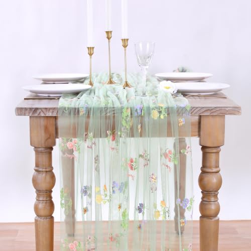 Floral Gauze Table Runner Green 10ft Embroidery Tulle Spring Wildflower - color: Green, size: 27"x120",1pc