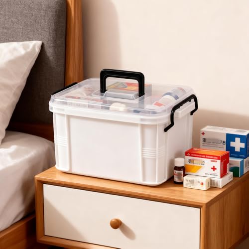 2-Tier Medicine Organizer - Plastic Portable Storage Box with Handle White - color: white