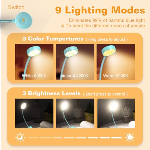 KTEBO 2 Pack Rechargeable Book Light Clip-On Reading Light for Books in Bed - color: Black & Blue