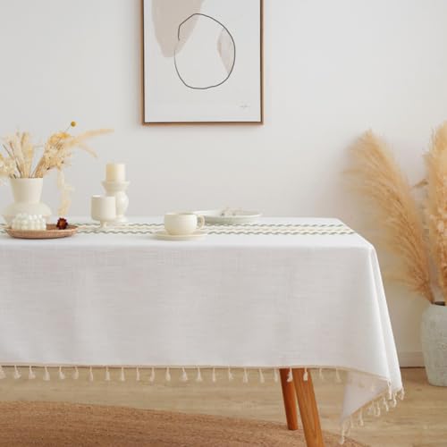 AMZALI Rectangular Tablecloth, Embroidery Leaf Pattern Table Cloth Wrinkle Free Heavy Weight Cotton Linen Farmhouse Tablecloth Tassel Fabric Table Cover for Dining, Kitchen, Buffet - color: Color Leaf, size: 70" x 55" (Rectangular)
