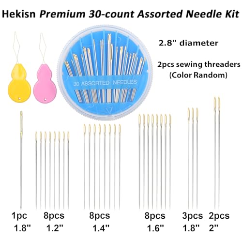 Hekisn 30pcs Premium Hand Sewing Needles, 6 Sizes 30-Count Assorted Sewing Needles, Stitching Needles for Hand Sewing Repair，Sewing Sharp Needles Sewing Repair Embroidery Needles (1, Blue) - style: Blue