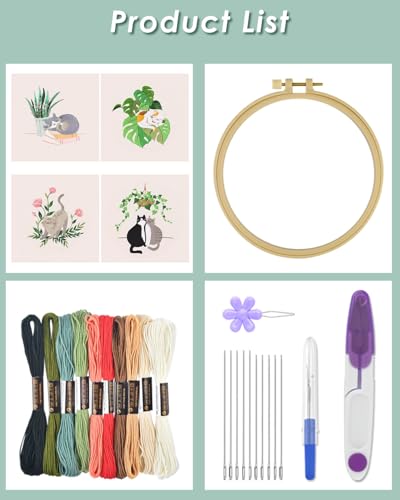 ERKOON 4 Sets Embroidery Kit for Beginners,Hummingbird and Flower Cross Stitch Set for Include Embroidery Cloth Hoops Threads for Craft Lover Hand Stitch (Cat) - color: Cat