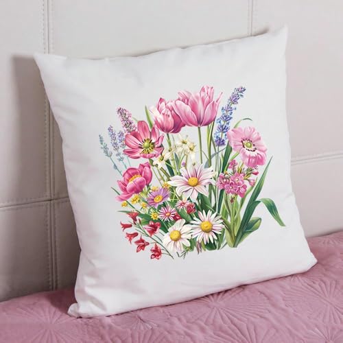 Flower Iron On Transfers Patches - 4PCS Pink Tulip Lavender Daisy Floral Heat Transfer Vinyl Decals for DIY Clothing T-Shirt Bag Pillow, Vintage Botanical Pattern Iron on Appliques for Crafts Supplies - style: Pink Flower A