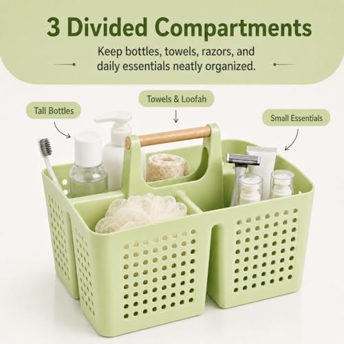 Portable Shower Caddy Basket with 3 Compartments and Handle, Grass Green - color: Grass Green