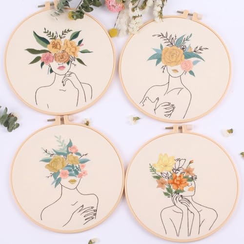 Chenflying Embroidery Starter Kits, 1/3 Sets Art Embroidery Kits for Beginners Adults with Embroidery Hoops Threads Needles and Instructions (Beige 4) - color: Beige 4