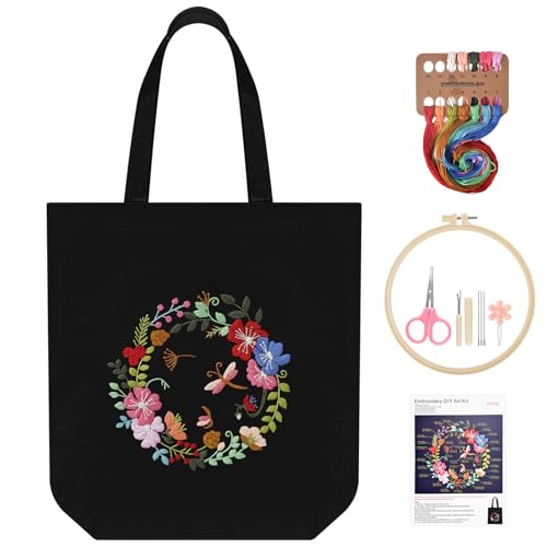 ERKOON Canvas Tote Bag Embroidery Kit for Beginners, Floral Arts Crafts Cross Stitch Kits for Adults Including Stamped Embroidery Bag with Hoops, Needle, Instruction and Color Threads(Wreath) - color: Wreath