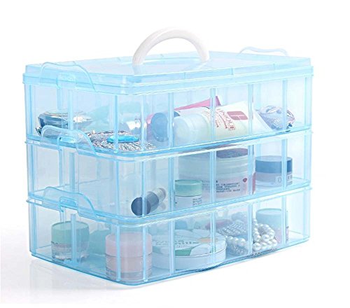 Kamay's 3-Tier Transparent Stackable Adjustable Compartment Slot Plastic Craft Storage Box Organizer Snap-Lock Tray Container 3 Sizes 4 Candy Colors Available (Extre Large 30 Compartment, Blue) - color: Extre Large 30 Compartment, Blue