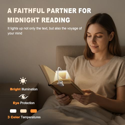 Rechargeable Book Light for Reading in Bed 25 LED Eye Caring | 15 Level Stepless Dimming, Extended 90Hrs Runtime, Lightweight Clip on Light, Gifts for Book Lovers, White - color: M1-Clip Light-White