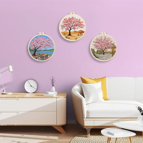 Huacan Embroidery Kit for Adults Beginners with 3 Hoops & Gift Box - color: Cherry Blossoms