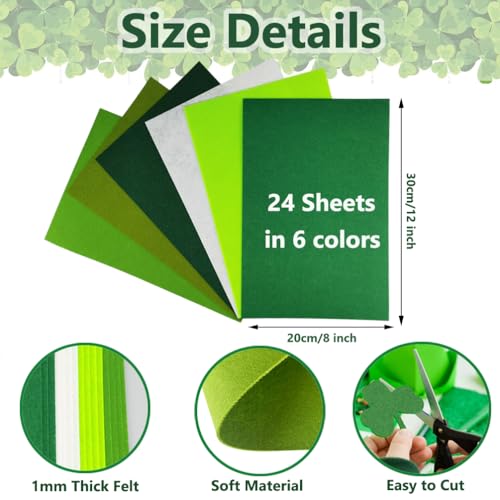 24 Pcs Felt Fabric Sheets, 8 Inch X 12 Inch St. Patrick's Day Green Craft Felt 1mm Thick A4 Stiff Felt Sheets for DIY Supplies(Green Series) - color: Green Series