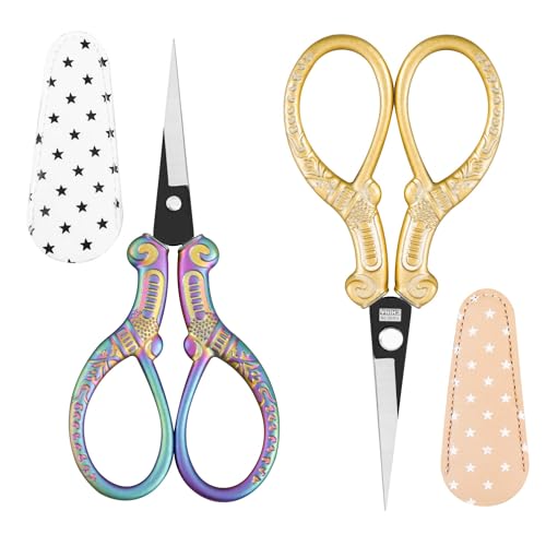 Premium Small Craft Scissors with Beautiful Butterfly Decos - Comfortable Handles and Sharp Tips for Crochet, Embroidery, and Sewing - Includes Protective Cover, Purple&gold, PJ1631-1 - color: Purple&gold