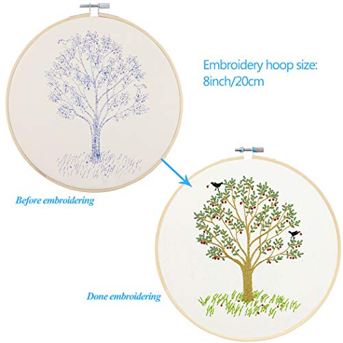 KISSBUTY Full Range of Embroidery Starter Kit with Pattern, Cross Stitch Kit Including Embroidery Fabricwith Plants Pattern, Bamboo Embroidery Hoop, Color Threads and Tools Kit (Cherry Tree)