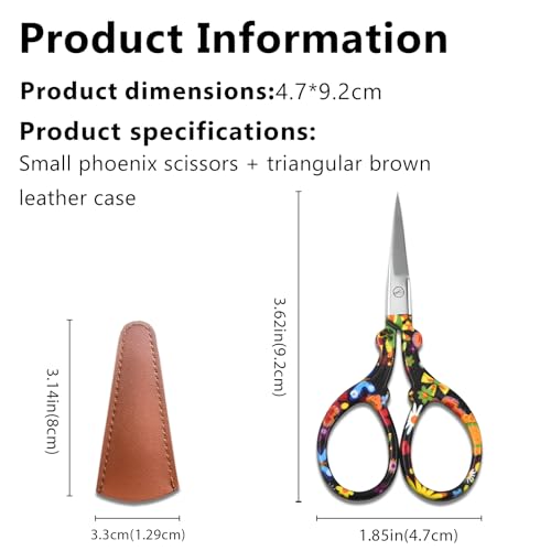 Sharp Embroidery and Crafting Scissors with Leather Cover, 3.62 inch Stainless Steel Scissors for Needlework and DIY Crafts, Black Flower, J5064