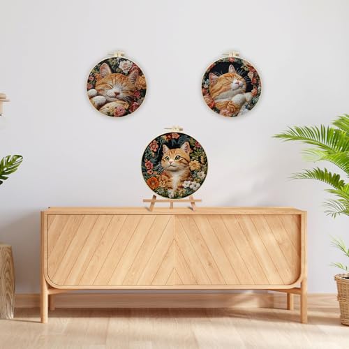 LB Orange Cat Embroidery Kit for Beginners Adults, 3 Sets Hand Embroidery Starter Kit with Floral Pattern and Instructions Stamped Cross Stitch Kits Include Embroidery Hoop Needles Threads Scissors - color: Orange Green