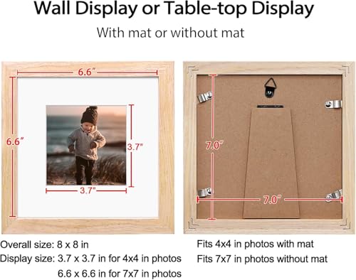 KINLINK 7x7 Picture Frame, Natural Square Solid Wood Frames for Pictures 4x4 with Mat or 7x7 without Mat, Wall and Tabletop Display Photo Frames 1 Pack - color: Natural, size: 7x7