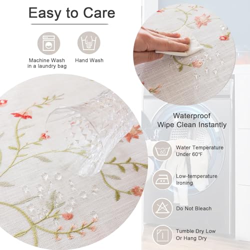 Joyfol Day Linen Spring Flowers Tablecloth with Tassels, Rustic Farmhouse Embroidery Waterproof Table Cloths for Rectangle Tables, Heavy Weight Spill-Proof Table Covers, Pink Florals, 55''x 102'' - color: Pink Florals, size: 102" x 55" (Rectangular)