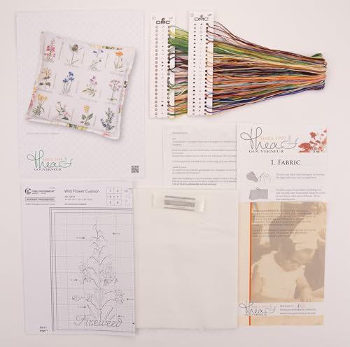 Thea Gouverneur - Counted Cross Stitch Kit - Wild Flower Cushion - Aida - 16 Count - Embroidery Kit for Adults - DMC Embroidery Threads and Other Cross Stitch Supplies Included - 2074A - color: 2074A Aida