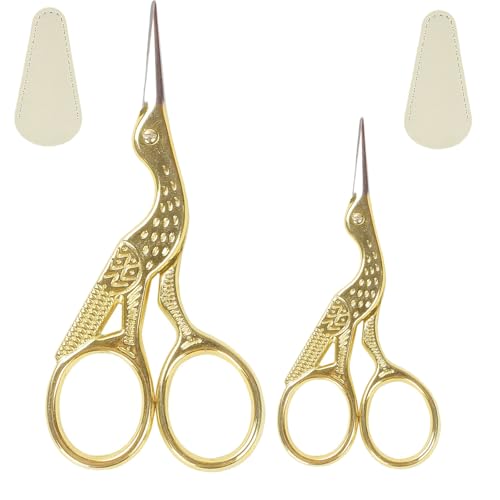 2PCS Gold Vintage Stork Sewing Scissors, Premium Stainless Steel Sharp Embroidery Shears, Lightweight Tailor Scissors for Craft, Art, DIY & Daily Use