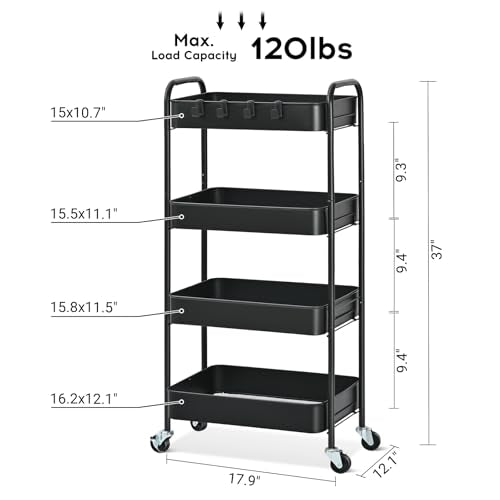 TOOLF 4 Tier Metal Rolling Cart, Utility Storage Cart with Wheels, Black - color: Black, size: 4-Tier