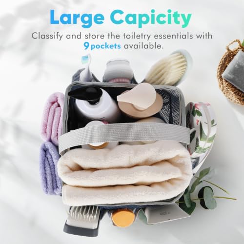 EUDELE Mesh Shower Caddy Portable for College Dorm Room Essentials,Portable Shower Caddy Dorm with 9-Pocket Large Capacity, Shower Bag for Beach, Swimming, Gym, Travel essentials, Navy Blue-Grey - color: Navy Blue-Grey