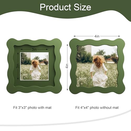 4x4 Picture Frame with Mat for 3x3, Wavy Edge Wooden Real Glass Photo Frame for Tabletop and Wall Hanging, Green, 1 Pack - color: Green, size: 4x4 in