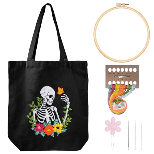 Louise Maelys Halloween Embroidery Kit Canvas Tote Bag, Skull Floral - color: skull flower