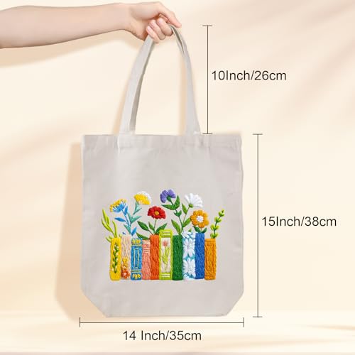 Louise Maelys Book and Flowers Embroidery Kit Canvas Tote Bag for Beginners - color: books flowers