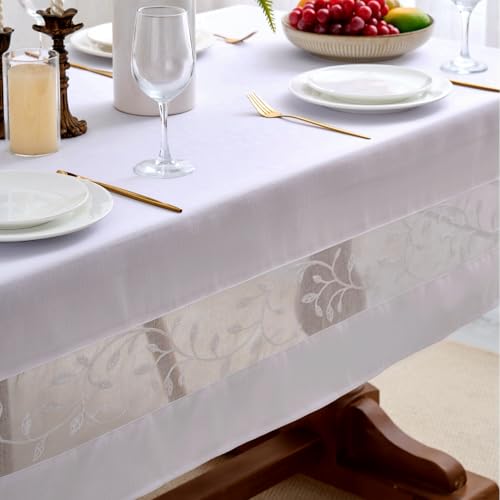 Polyester Fabric Tablecloth with Exquisite Embroidery Sheer Border-Waterproof/Wrinkle Resistant-for Dining,Indoor&Outdoor,Wedding,Holiday,White,Rectangle 52x70Inch - color: White, size: 70" x 52" (Rectangular)