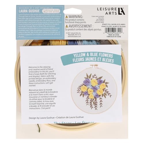 LEISURE ARTS Embroidery Kit 6" Yellow & Blue Flowers - Embroidery Kit for Beginners and Adults, Cross Stitch Kits with Patterns, DIY Starter Set for Seasonal Craft Projects