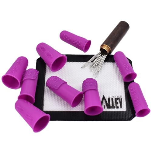 FLEX Thimbles | 9-Pack | 3X-Thick THIK-TIP Medium (3) + Standard Purple Finger Protectors 1x Thick - Small (3) and Large (3) | Mat (1) | Set of Large Eye Sewing Needles (1)