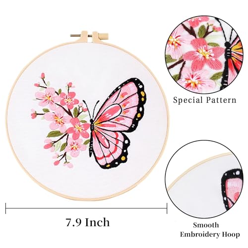LB Butterfly Embroidery Kit for Beginners Adults, 3 Sets Hand Embroidery Starter Kit with Flower Pattern and Instructions Stamped Cross Stitch Kits Include Embroidery Hoop Needles Threads Scissors - color: Purple