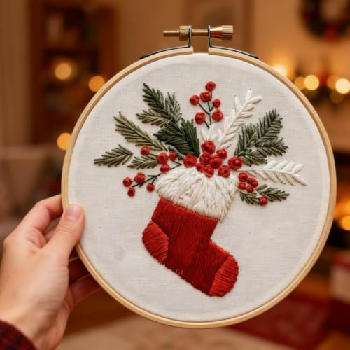 Christmas Embroidery Kits for Adults, Beginner DIY Embroidery Starter Kit - color: Red Stockings