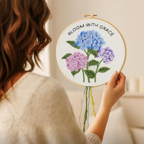 Nuberlic Hydrangea Embroidery Kits for Beginner Adults - color: Hydrangea