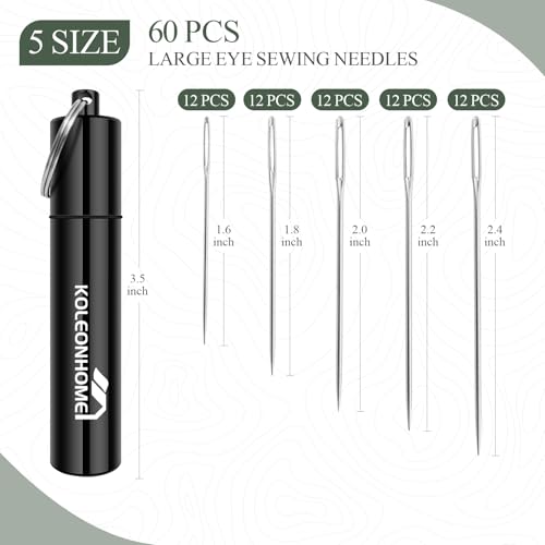 60 Pcs Large Eye Hand Sewing Needles Set, 5 Sizes High-Carbon Steel Needles for Mending, Embroidery, Quilting, Crafts, Denim & Light Leather Repair, Nickel-Plated, Aluminum Storage Tube